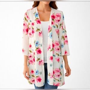 Floral Open Front Kimono - White with Pink & Blue Blossoms